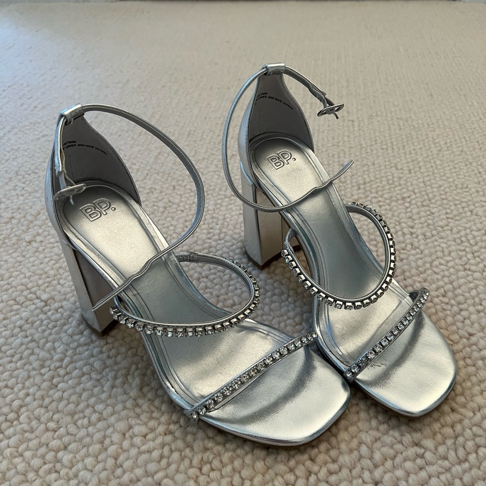 bp Silver Metallic Block Heel Sandals with Rhinestone Straps